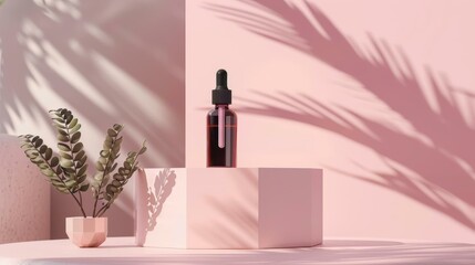 A minimalist 3D render featuring a luxury cosmetic dropper bottle placed on a geometric pedestal.