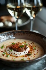 Creamy Soup with Toasted Bread and Microgreens