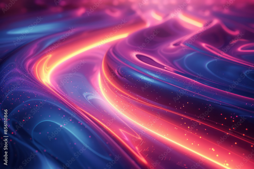 Poster flowing neon lines with luminous visual effects in a dark background,