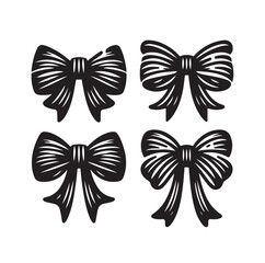 Set of simple decorative holiday ribbon bows for gifts, to decorate hair on white background. Bow silhouette for gift wrapping