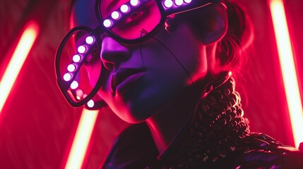 AI generated illustration of a futuristic portrait of a young woman wearing LED glasses