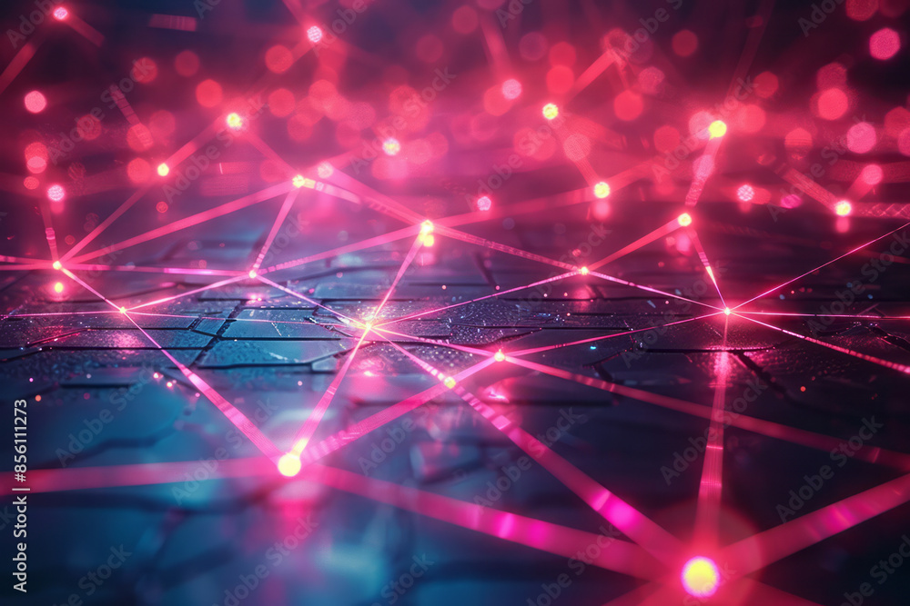 Poster neon lines creating a web of glowing visual effects in a dark space,