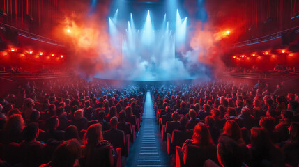 A group of people gathered together to enjoy a movie projected on a large screen. Large audience at the theater