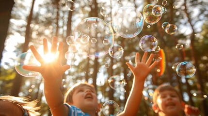 Kids Mesmerized by Shimmering Bubble Clusters in Sun-Dappled Forest Clearing