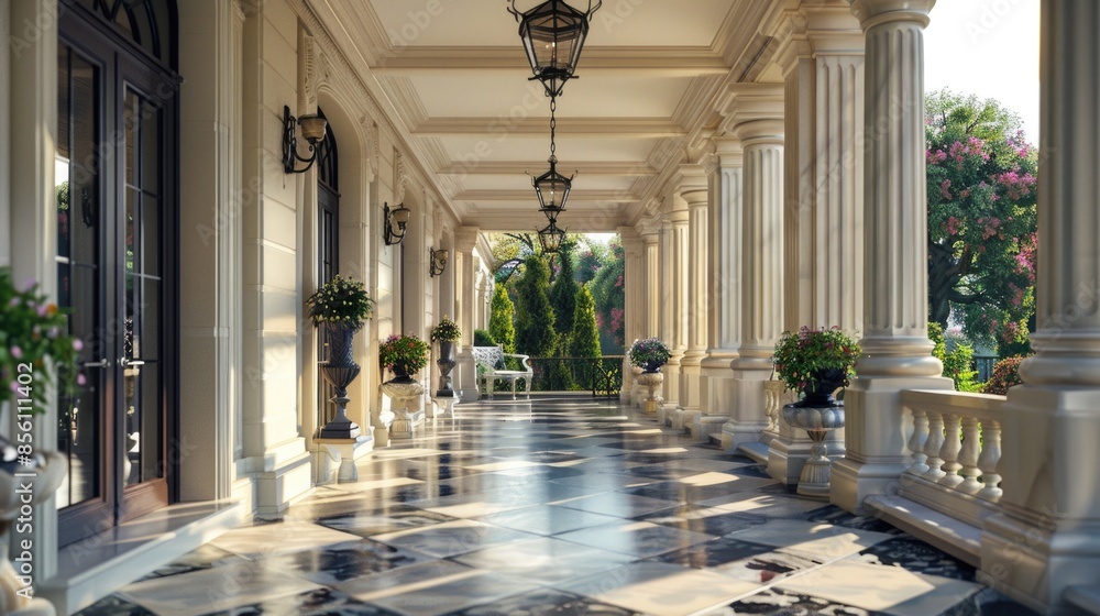 Poster a long hallway with columns and a chandelier, great for interior design or architecture uses