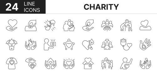 Collection of 24 charity line icons featuring editable strokes. These outline icons depict various modes of charity, help, give, donation, empathy, donate, 