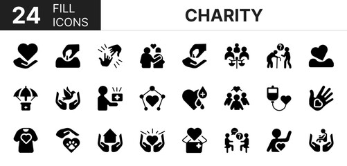 Collection of 24 charity fill icons featuring editable strokes. These outline icons depict various modes of charity, help, give, donation, empathy, donate, 