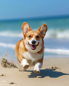 A spirited corgi dog runs energetically towards the camera on a beach with clear blue sea and sky in the background