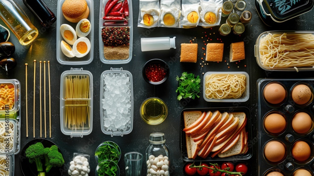 Poster a table filled with diverse types of food for a meal or event