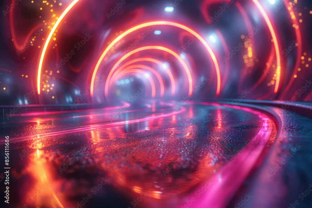 Poster neon lines and swirling glowing visual elements in a dynamic scene,