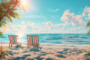 Two beach chairs sitting on a sandy beach