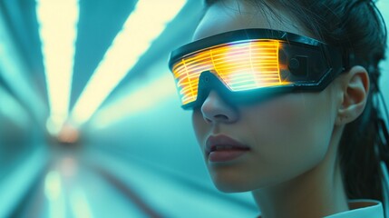 AI generated illustration of a young woman wearing futuristic LED glasses in a neon-lit tunnel