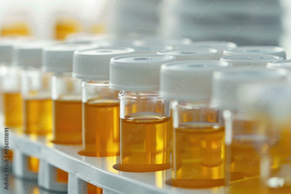 Poster A collection of glass containers holding various substances, placed on a shelf for storage or display