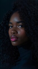 Confident African American Woman with Long Curly Hair and Gentle Smile Looking at Camera. Wearing Pink Lipstick on a Dark Background. High-Resolution AI-Generated Wallpaper
