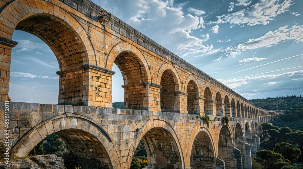 Poster a stone bridge with multiple arches set against a clear blue sky