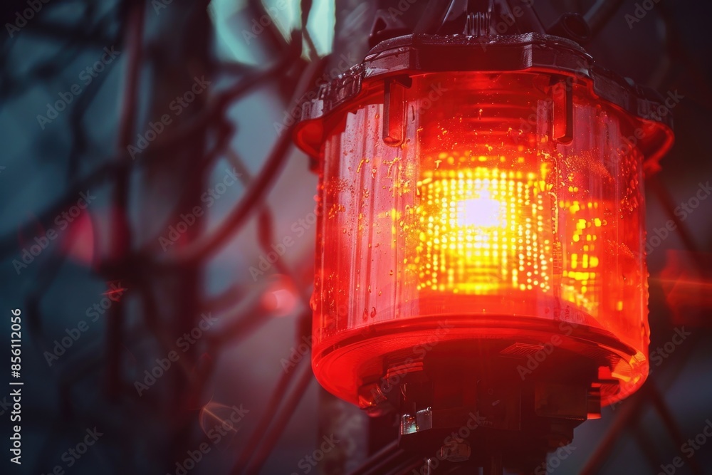 Poster a red traffic light hanging from a metal pole, often used as a warning signal for road users
