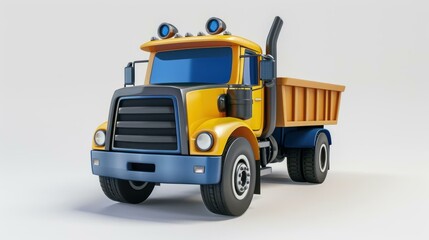 Naklejka premium A detailed 3D render of a cartoon-style yellow and blue truck with expressive headlights and a dump bed, set against a simple white background.