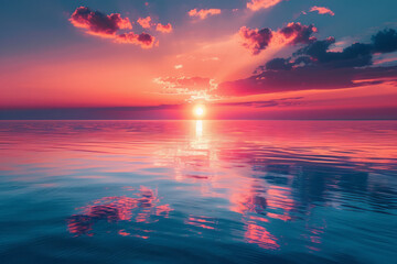 Fototapeta premium Sunset over calm waters with a breathtaking display of colors and reflections,