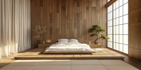 Minimalist wooden bedroom with plants and natural light, cozy home concept