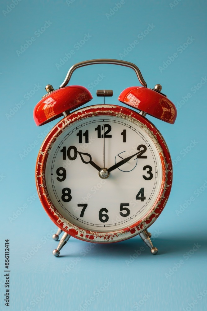 Poster A simple and clear representation of a red alarm clock sitting on a blue surface, ideal for use in designs related to time management or warning systems