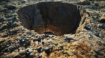 A natural depression in a dirt field, ideal for photography or illustration