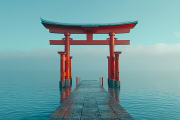 Minimalist 3D rendering of a Torii gate with sleek and simple aesthetics,