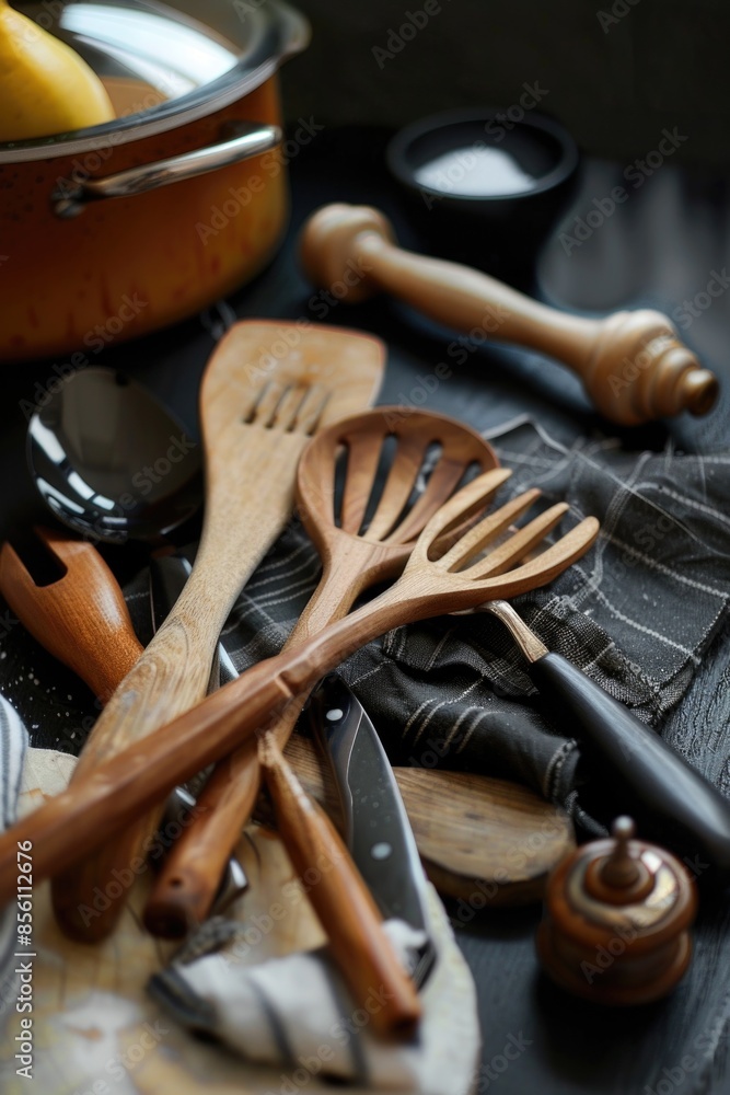 Poster A collection of wooden cooking utensils arranged neatly on a table, ready for use in the kitchen