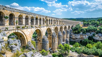Fototapeta premium A stone bridge spans a serene river, flanked by lush greenery