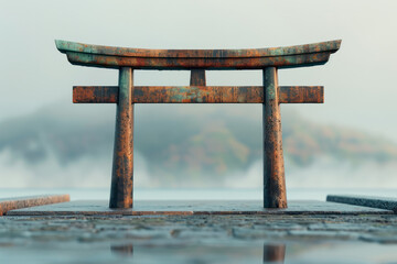 Minimalist 3D depiction of a Torii gate with a sleek, abstract design,