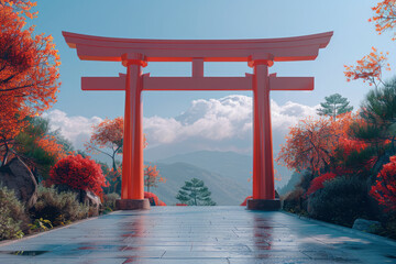 Minimalist 3D depiction of a Torii gate with a sleek, abstract design,