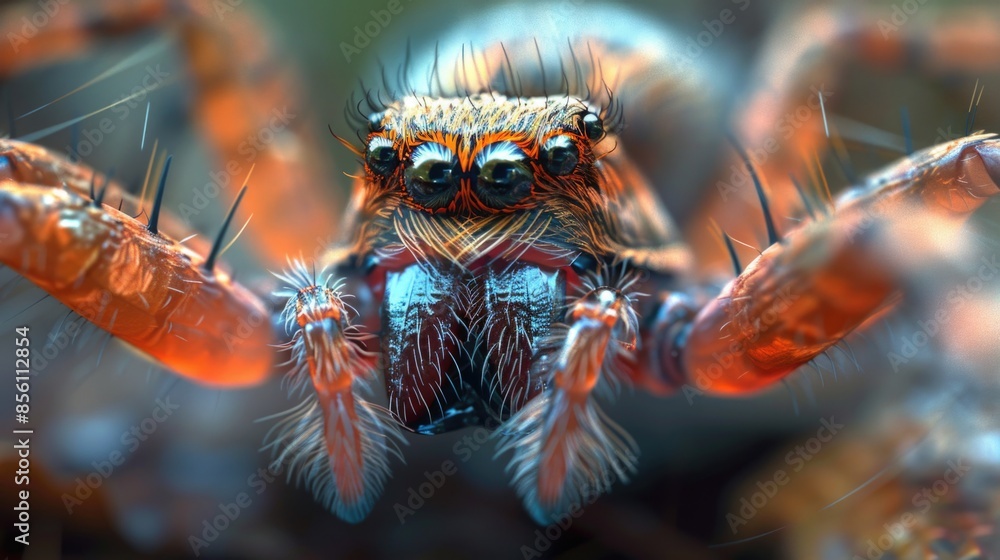 Poster A close-up shot of a spider sitting on a tree branch, with intricate details and textures