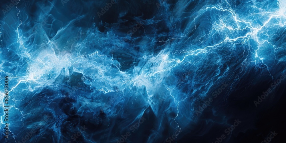 Poster a dramatic scene with lightning illuminating the dark blue and black background, ideal for use in sc