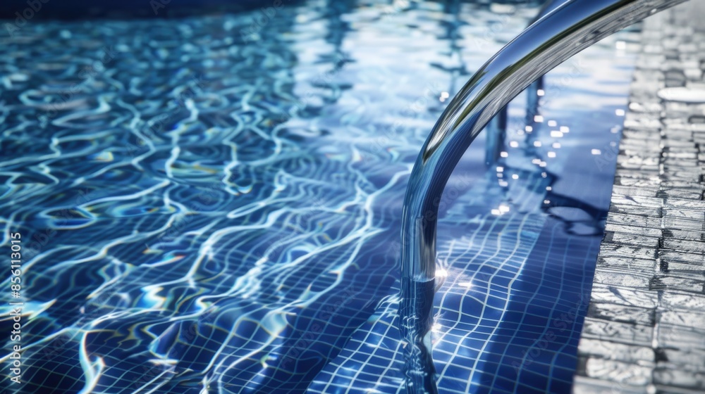 Poster A close-up shot of a pool with a metal hand rail, ideal for use in interior design or architecture images