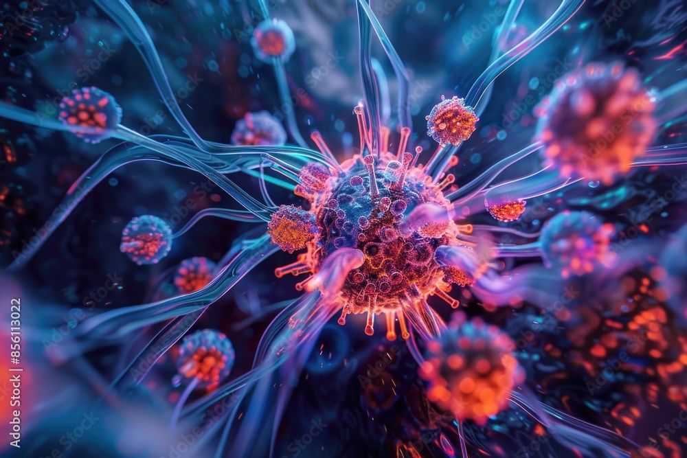 Poster a detailed view of several cells grouped together, often found in tissues or organs