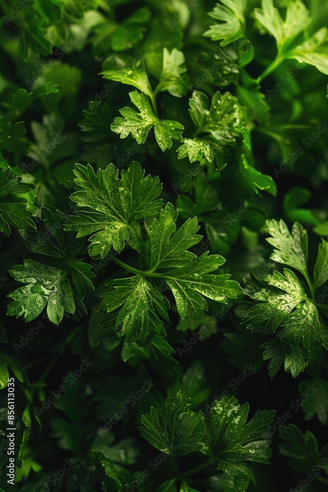 Poster a detailed view of a cluster of green leaves with intricate veins and textures