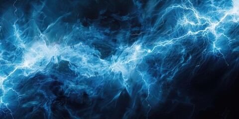 A dramatic scene with lightning illuminating the dark blue and black background, ideal for use in science, technology or fantasy contexts