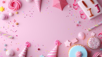 Fototapeta premium Birthday number background in pastel colors, cartoon drawing of party elements like hats, streamers, and cake, ample copy space, flat design top view