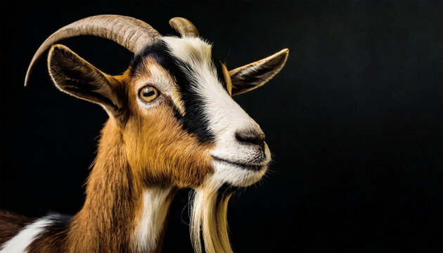 Head profile of a billy goat isolated on a black background.