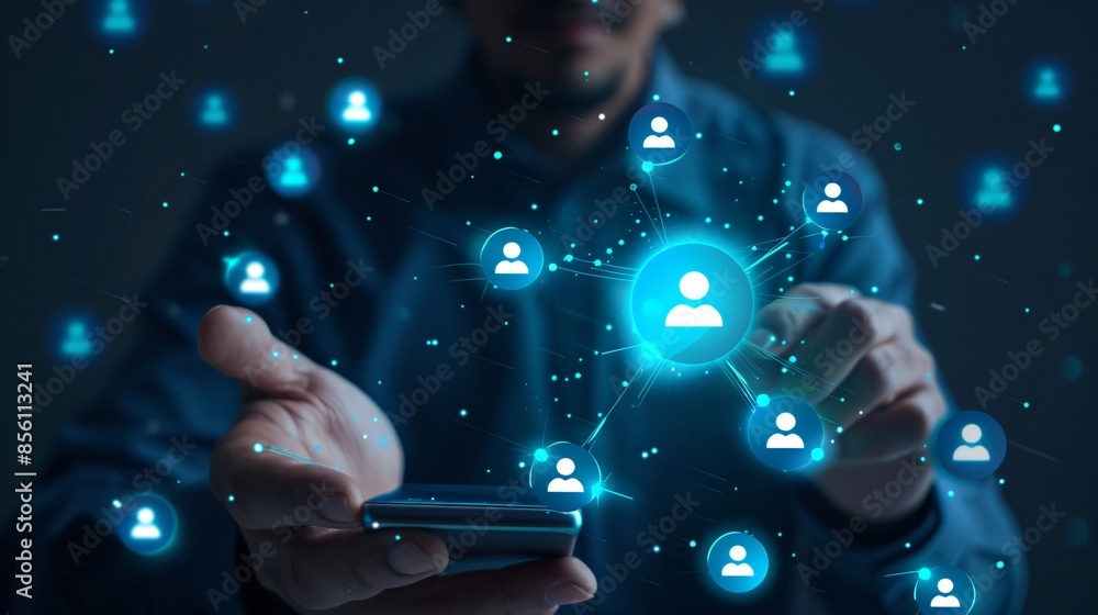Poster a businessman using a smartphone with a 3d-rendered contact icon surrounded by app and social media 