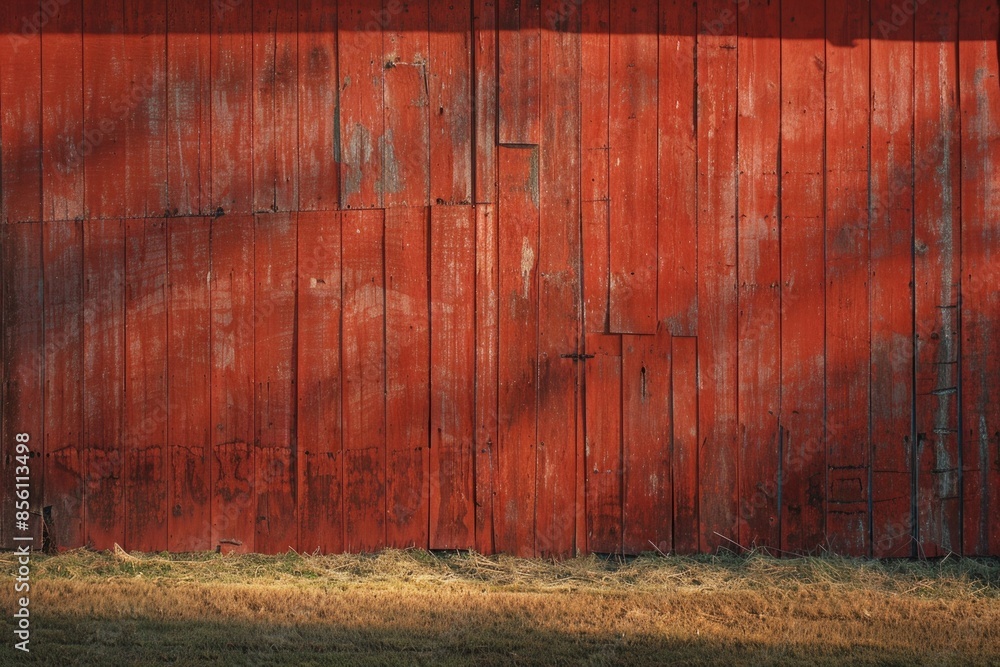Poster a classic rural scene featuring a bright red barn with a cow standing in front, ideal for use as a b