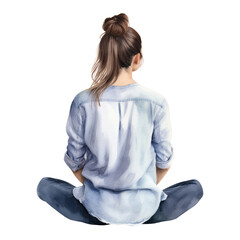 woman sitting on floor back view watercolor isolated on transparent background cutout
