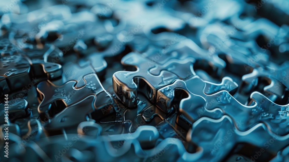 Poster a close-up shot of a single puzzle piece on a table, waiting to be fitted into its corresponding pla