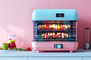 A pink and blue oven sitting on top of a kitchen counter, ready for use