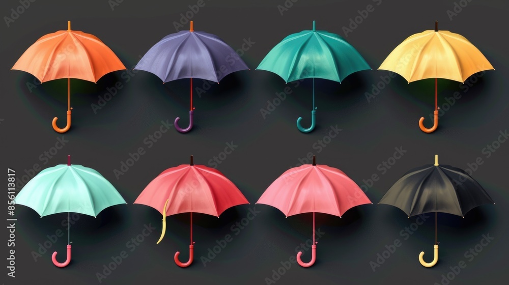 Poster a collection of colorful umbrellas against a dark backdrop, perfect for use in designs about diversi