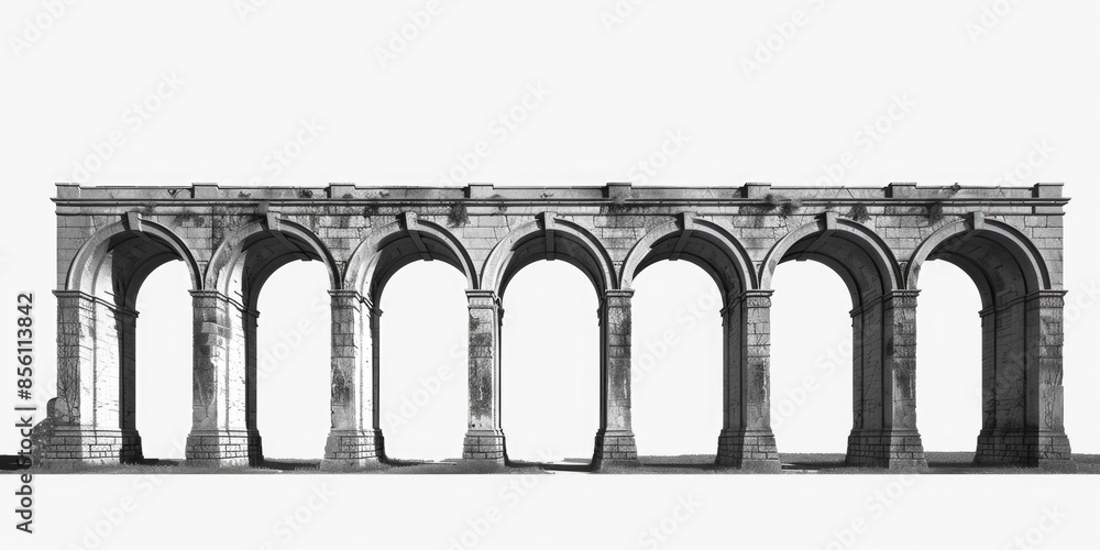 Poster a black and white photo of a row of arches, suitable for use in architectural or historical contexts