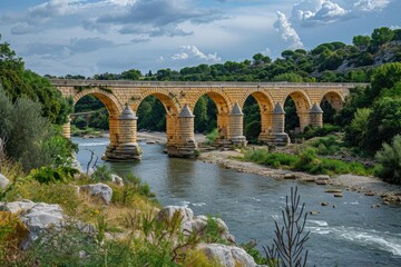 Fototapeta premium A wooden bridge spans across a serene river, flanked by lush greenery