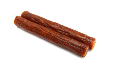 Smoked thin sausages, isolated on white