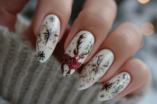 Winter Wonderland Nail Art Featuring Reindeer and Snowflakes