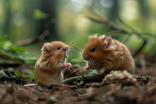 Two small furry hamsters enjoying their meal in a woodland setting