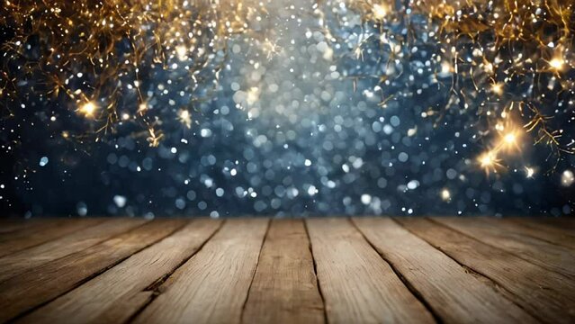 animation of Festive Christmas stage scene background framing. Fir branches decorated with Christmas lights empty wooden flooring platform, golden sparkles on blue blurred background, copy space.